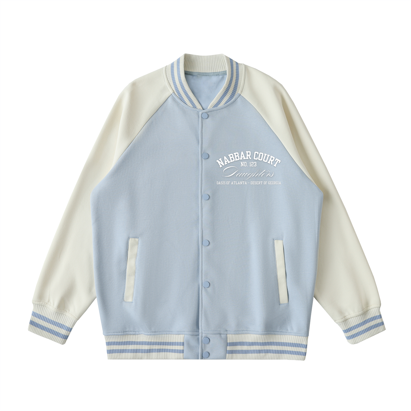 NABBAR COURT: Two Tone Raglan Sleeve Varsity Jacket (light blue)